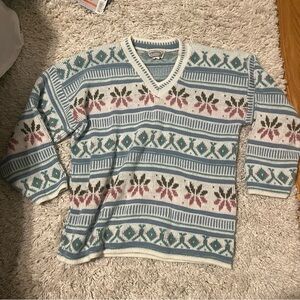 Blue and Pink V-Neck Sweater with Nordic Pattern